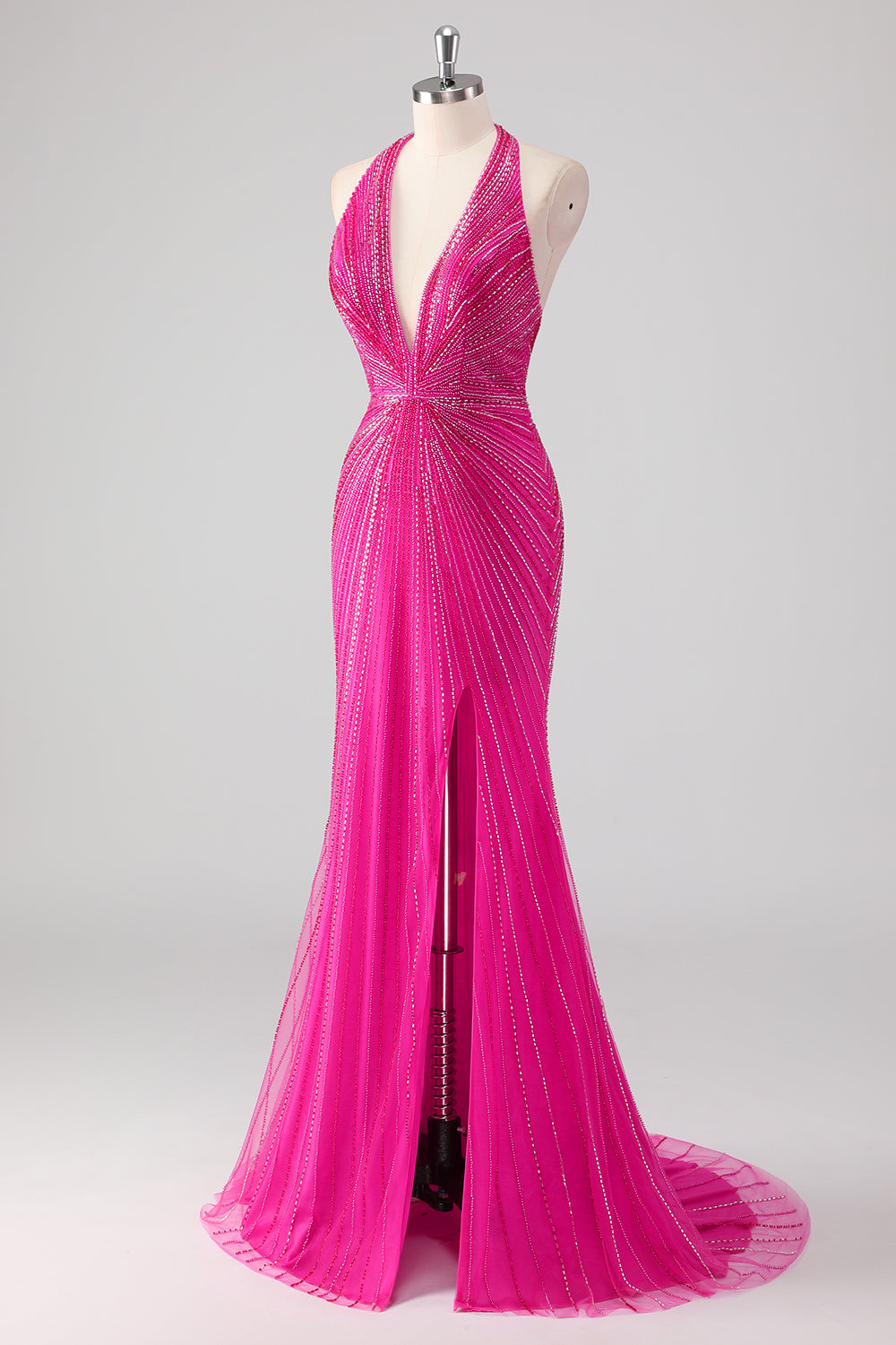 Fúcsia Sereia Halter Open Back Beaded Long Prom Dress com Fenda