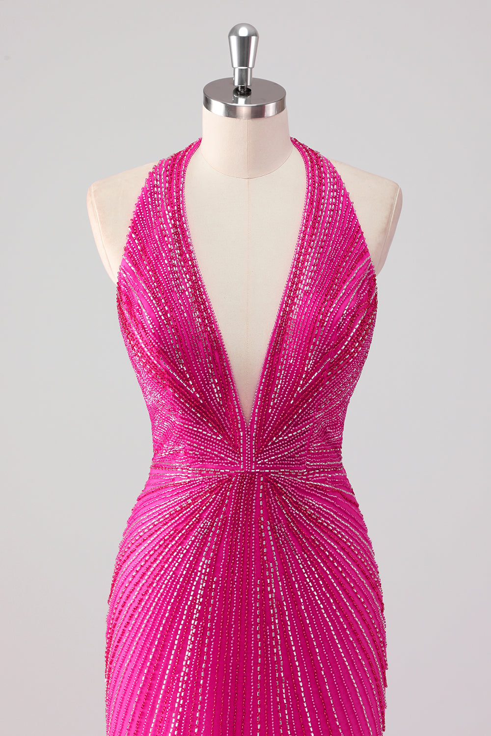 Fúcsia Sereia Halter Open Back Beaded Long Prom Dress com Fenda