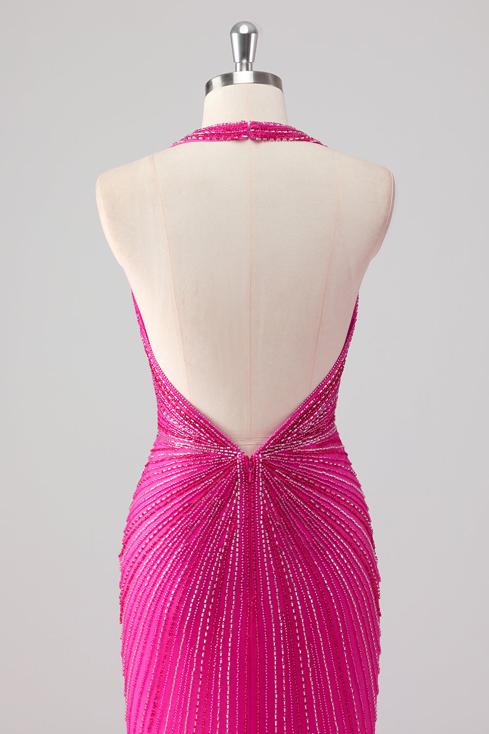 Fúcsia Sereia Halter Open Back Beaded Long Prom Dress com Fenda