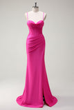 Fuchsia Esparguete Alças Sereia Vestido Longo Baile com Fenda