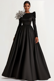 Preto Cetim Barco Pescoço Mangas Longas A-Line Long Wedding Guest Dress
