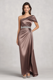 Taupe Cetim Um Ombro Mãe do Vestido da Noiva
