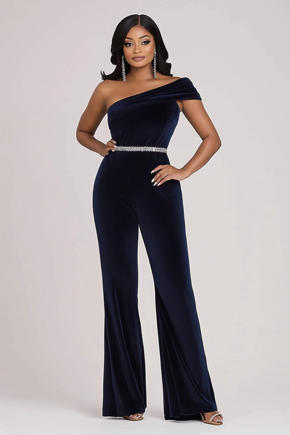Sparkly Navy Um Ombro Bodycon Velvet Beaded Prom Jumpsuit