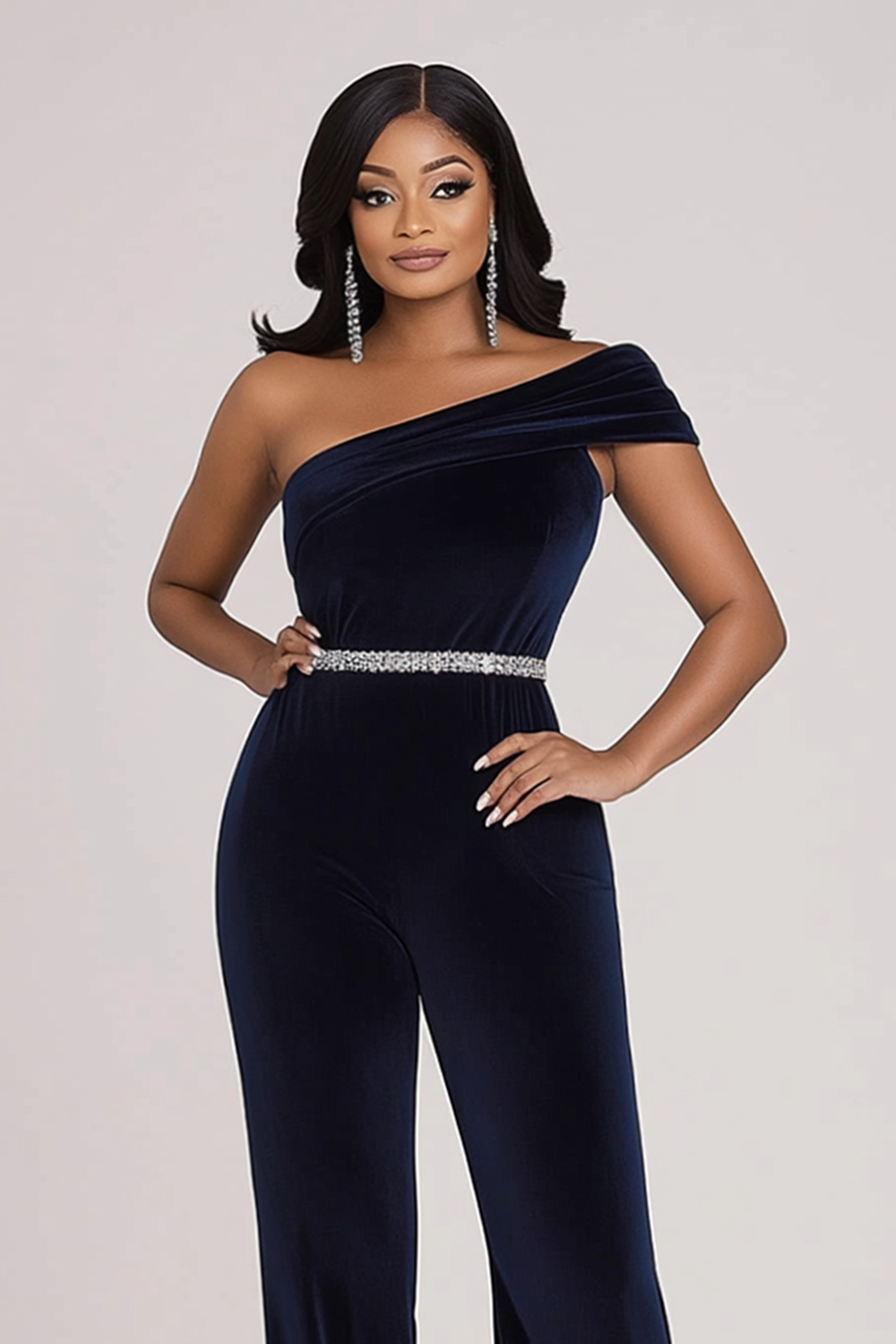 Sparkly Navy Um Ombro Bodycon Velvet Beaded Prom Jumpsuit