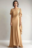 Elegante vestido dourado da mãe da noiva com mangas curtas