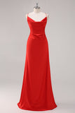 Vermelho Cetim Alças Finas Bainha Longo Vestidos Cerimónia