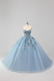Princesa Cinza Azul Strapless Tulle Quinceanera Vestido com Apliques