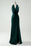 Halter Neck Pine Verde Sereia Vestido Longo Madrinha com Fenda
