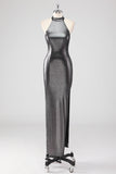 Sparkly prata cinza Halter Shath vestido formal com fenda