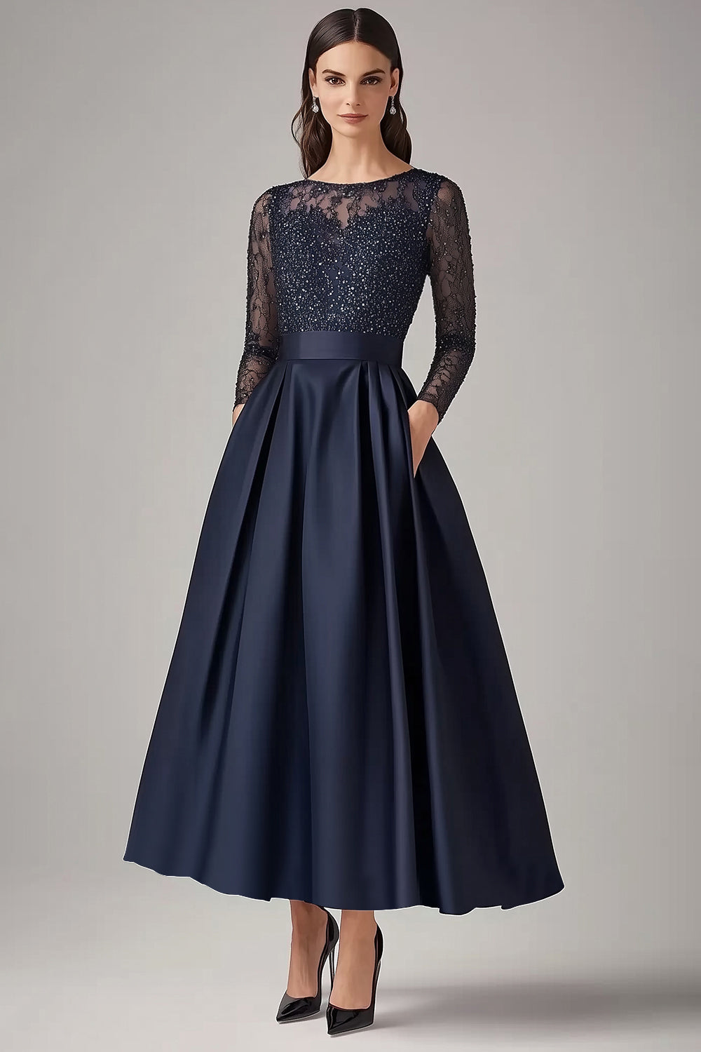 Zapaka Mulheres Marinha Linha-A Pescoço de Barco Longos Vestido Mae Noiva com Renda Cetim Mangas Compridas Brilhante Vestido Para Casamento Convidada