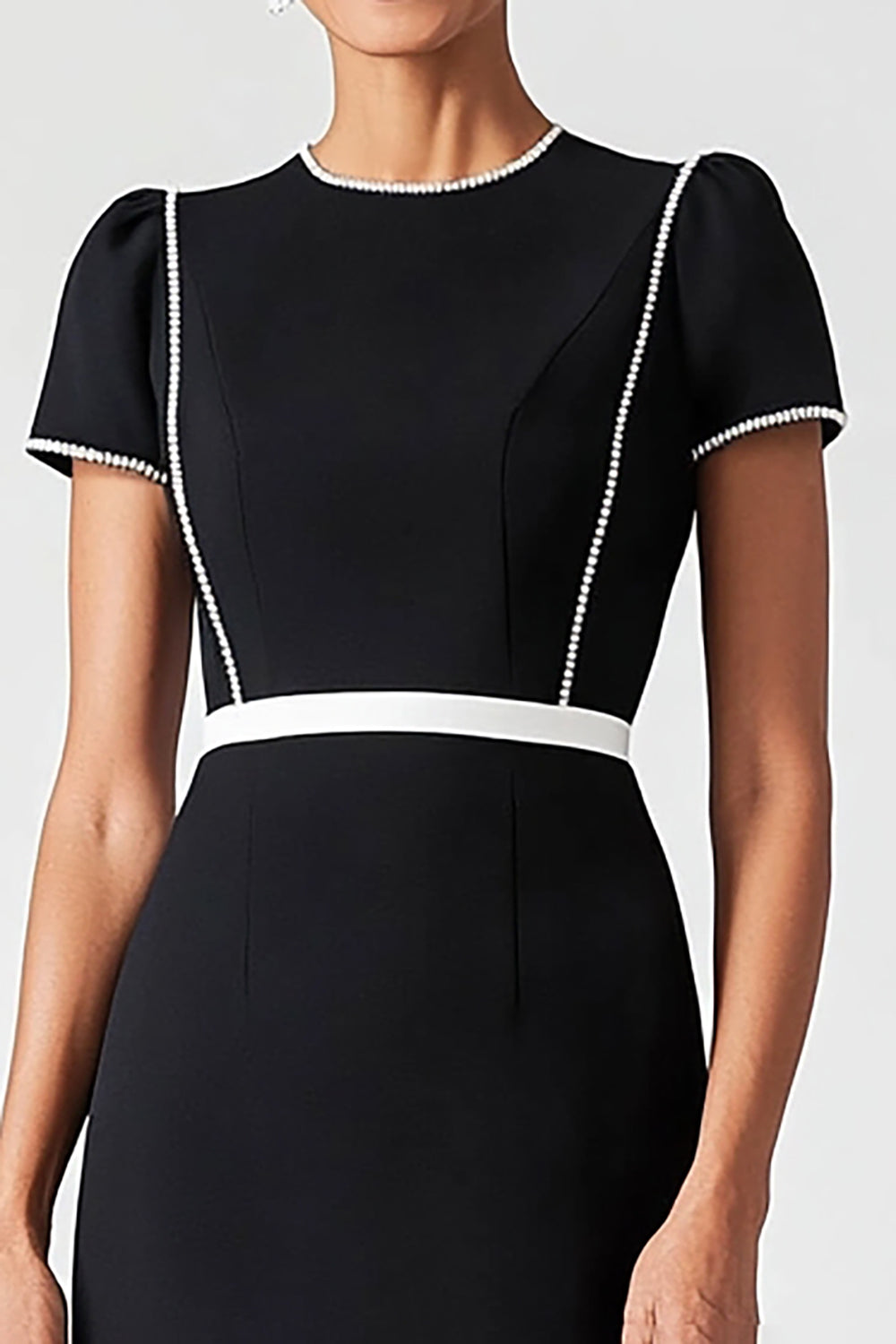 Preto Crew Neck Cap Mangas Cinto Midi Comprimento Vestido Mãe