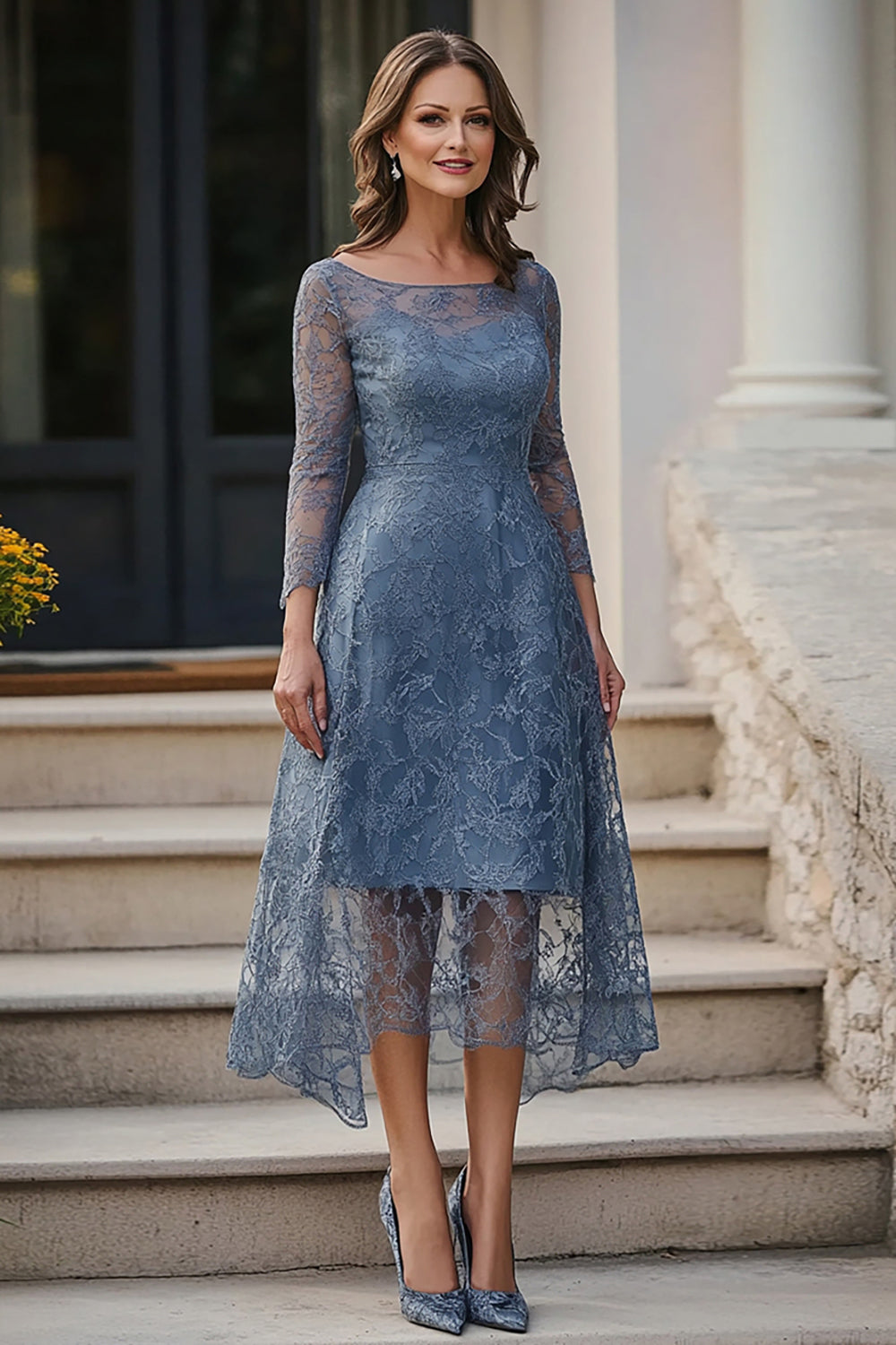 Dusty Blue Lace A-Line mangas compridas Midi Mãe do vestido da noiva