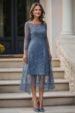 Dusty Blue Lace A-Line mangas compridas Midi Mãe do vestido da noiva