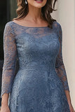 Dusty Blue Lace A-Line mangas compridas Midi Mãe do vestido da noiva