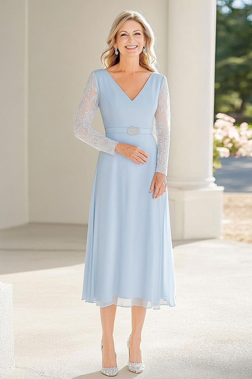 Sky Blue Lace Chiffon Uma Linha V Pescoço Midi Comprimento Mãe do Vestido da Noiva com Belted