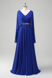 Royal Blue A Line V-neck Chiffon Long Mother Dress com cinto