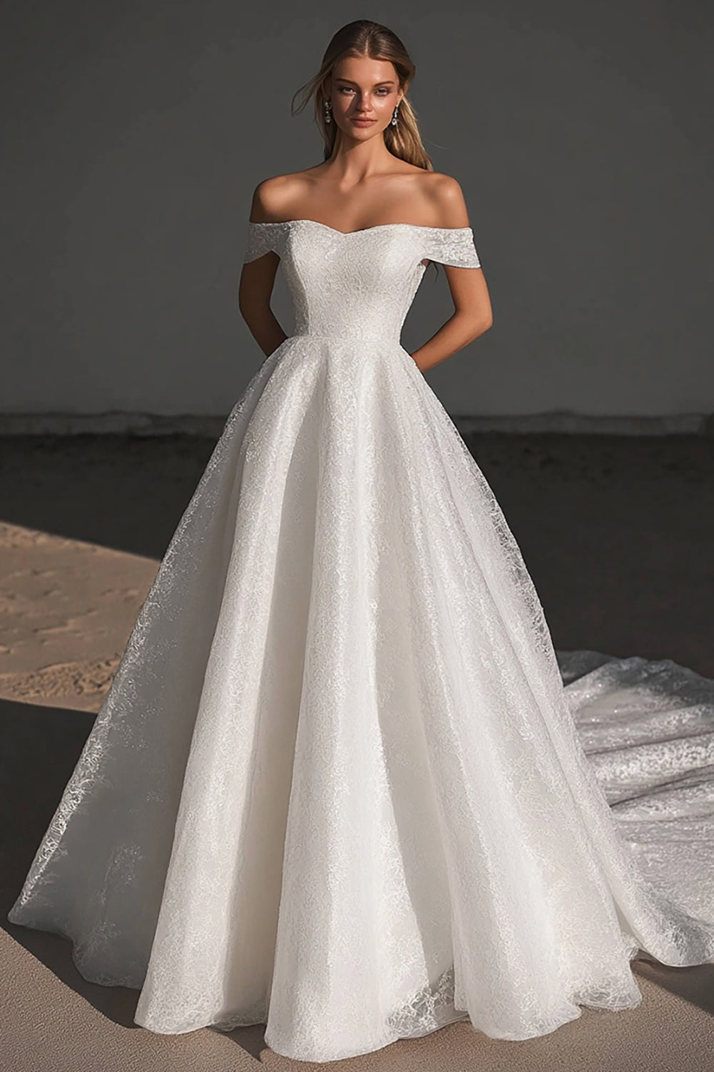 Marfim Renda De Baile/Princesa Longos Vestido de Noiva Sem Ombros Sweep/Brush Trem Vestido de Noiva Princesa