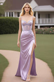 Alças de Espaguete Lilás Bainha Ruched Long Prom Dress com Fenda