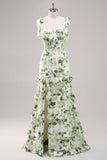 Floral Verde Linha-A Pescoço Quadrado Longo Vestidos Cerimónia com Fenda