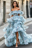 Organza babada floral azul fora do ombro assimétrico vestido de baile