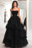Princesa Preto Strapless Tule Tiered Ruched Long Prom Dress