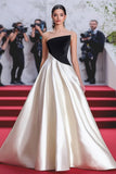 Preto Branco Uma Linha Strapless Cetim Ruched Gala Dress