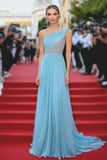 Céu Azul Um Ombro Uma Linha Chiffon Ruched Beaded Gala Dress