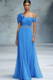 Azul Uma linha fora do ombro Ruched Long Gala Ball Dress