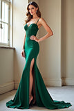 Vestido de baile de formatura de renda verde escuro sereia com fenda