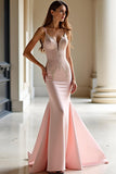 Sereia Rosa Cetim Backless Prom Dress com Apliques de Renda