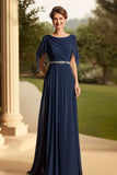 Marinha Uma Linha Chiffon Vestido Mãe da Noiva com Mangas Flutter