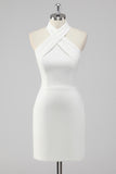 A-Line Halter Neck Cetim Joelho Comprimento Vestido Branco Pequeno