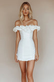Bodycon branco fora do ombro cetim vestido curto de formatura