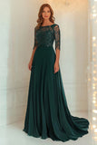 Chiffon Lace Verde Escuro Mãe Do Vestido Com 3/4 Mangas