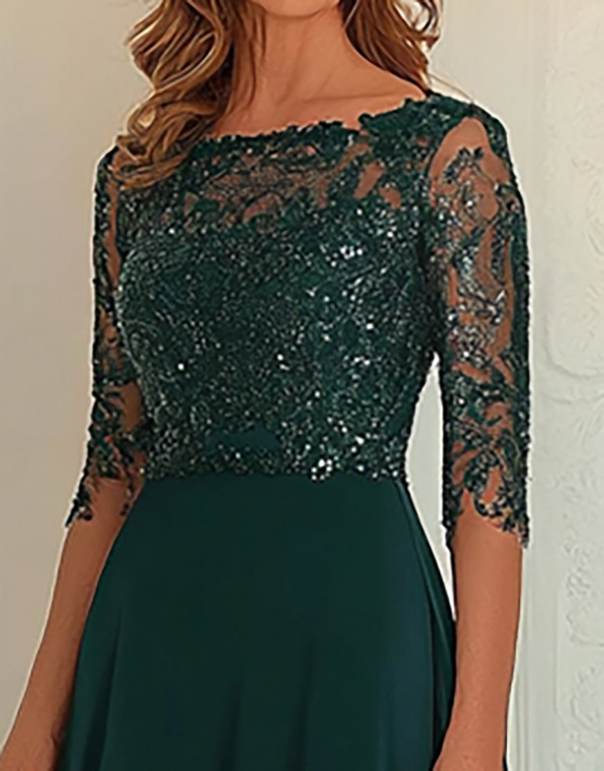 Chiffon Lace Verde Escuro Mãe Do Vestido Com 3/4 Mangas