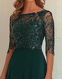 Chiffon Lace Verde Escuro Mãe Do Vestido Com 3/4 Mangas