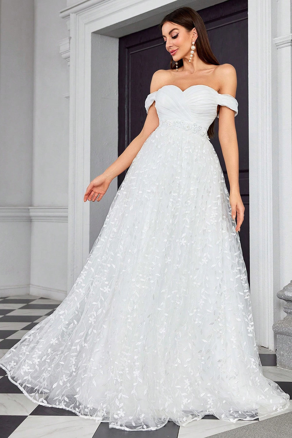 Off The Shoulder Uma Linha Marfim Querida Vestido de Noiva Longo