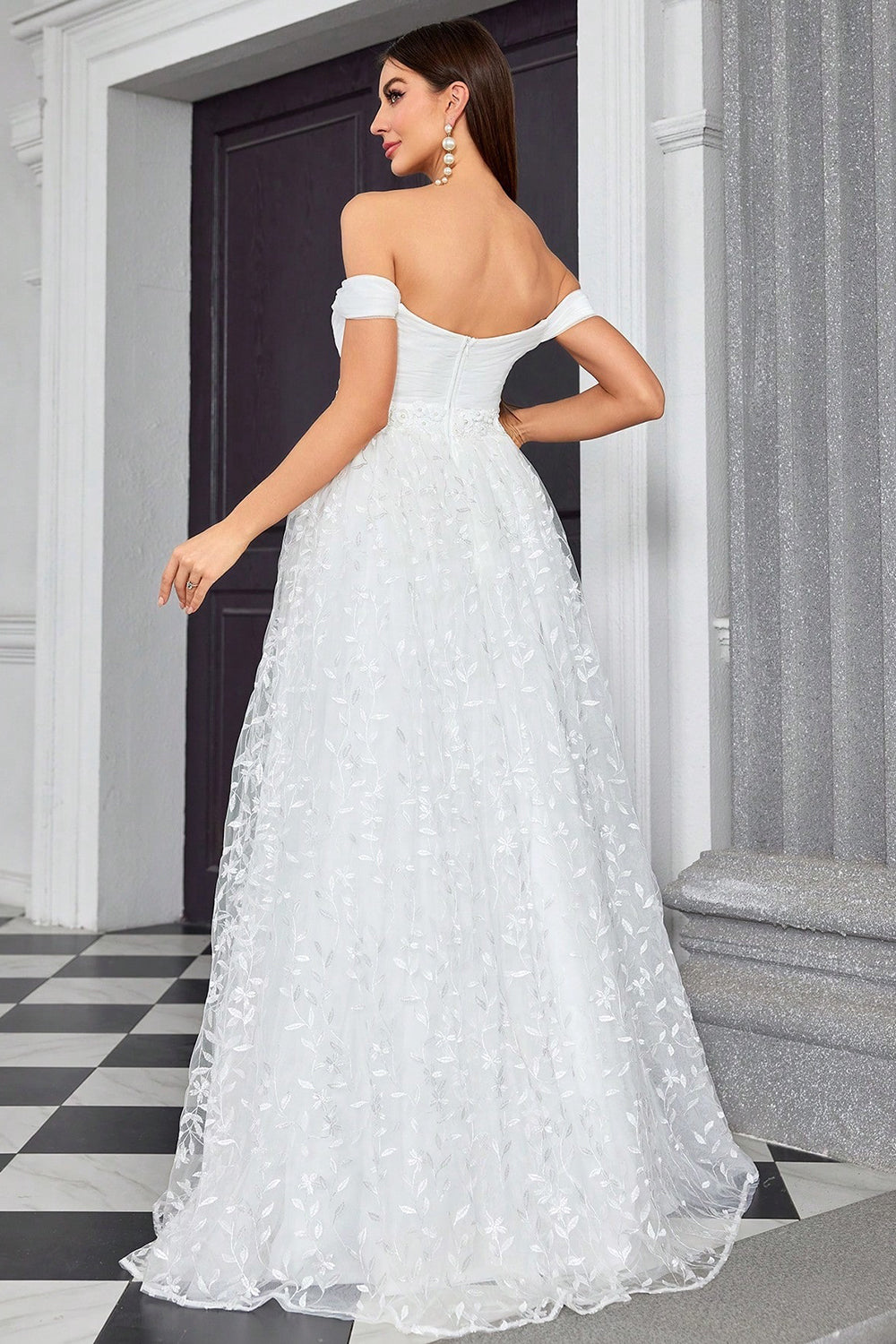 Off The Shoulder Uma Linha Marfim Querida Vestido de Noiva Longo