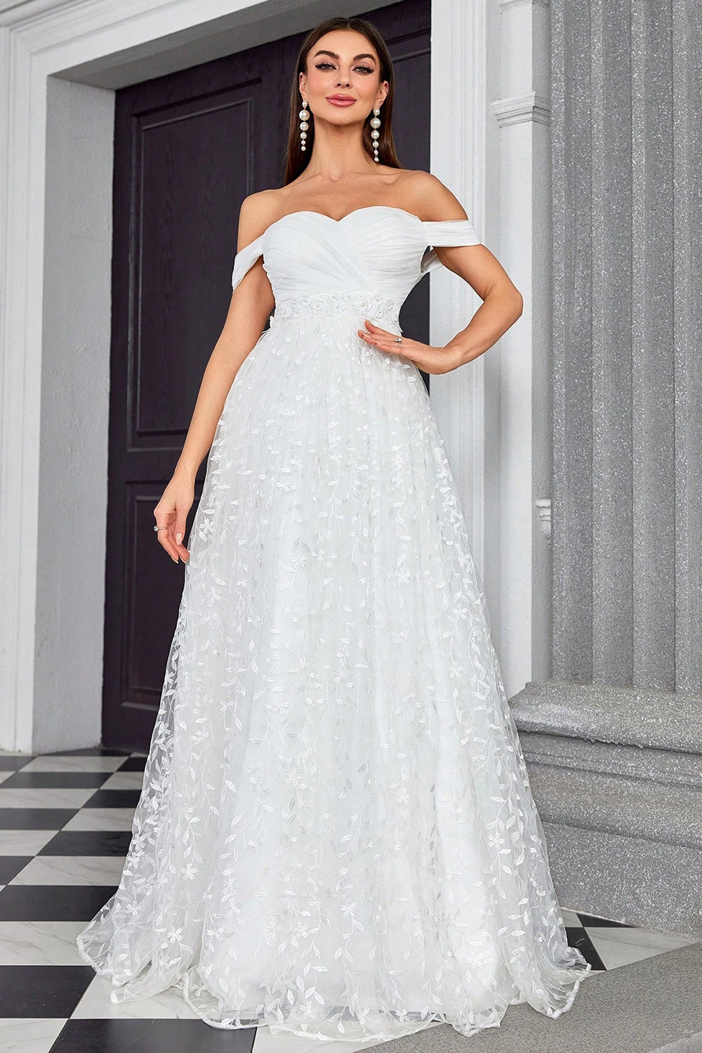 Off The Shoulder Uma Linha Marfim Querida Vestido de Noiva Longo