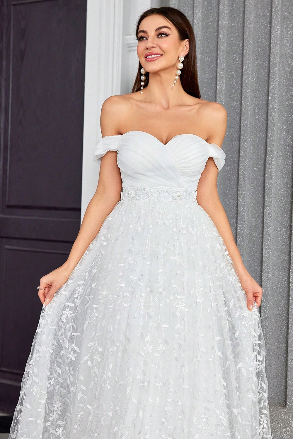 Off The Shoulder Uma Linha Marfim Querida Vestido de Noiva Longo