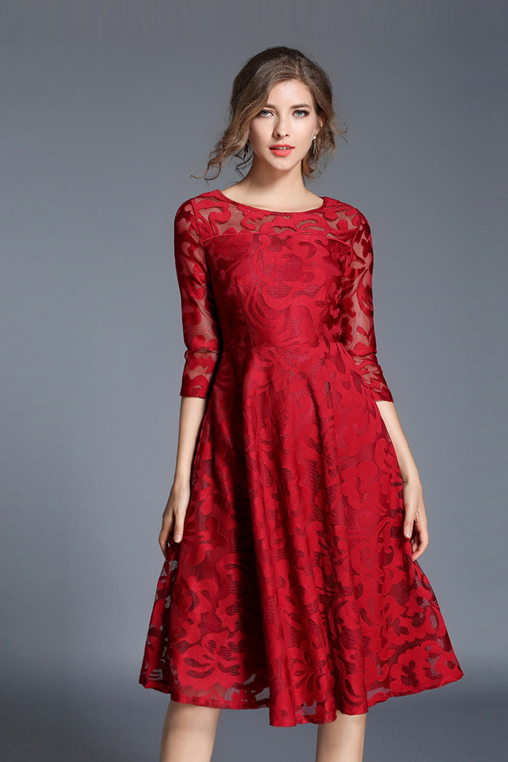 Pavão A-Line Pescoço Redondo Meias Mangas Midi Mãe do Vestido da Noiva