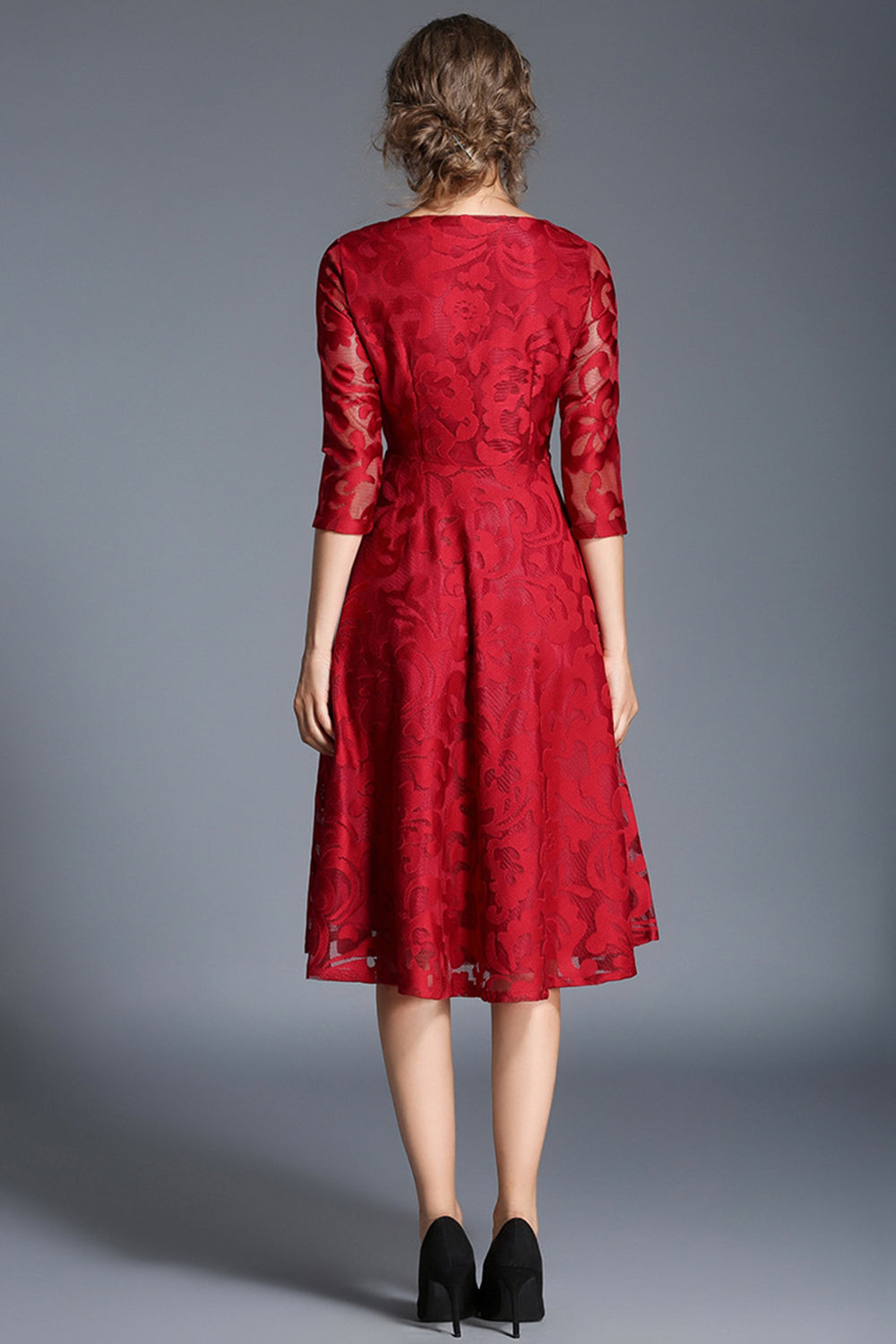 Pavão A-Line Pescoço Redondo Meias Mangas Midi Mãe do Vestido da Noiva