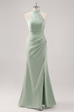 Sage Verde Halter Bainha Vestido Madrinha com Fenda
