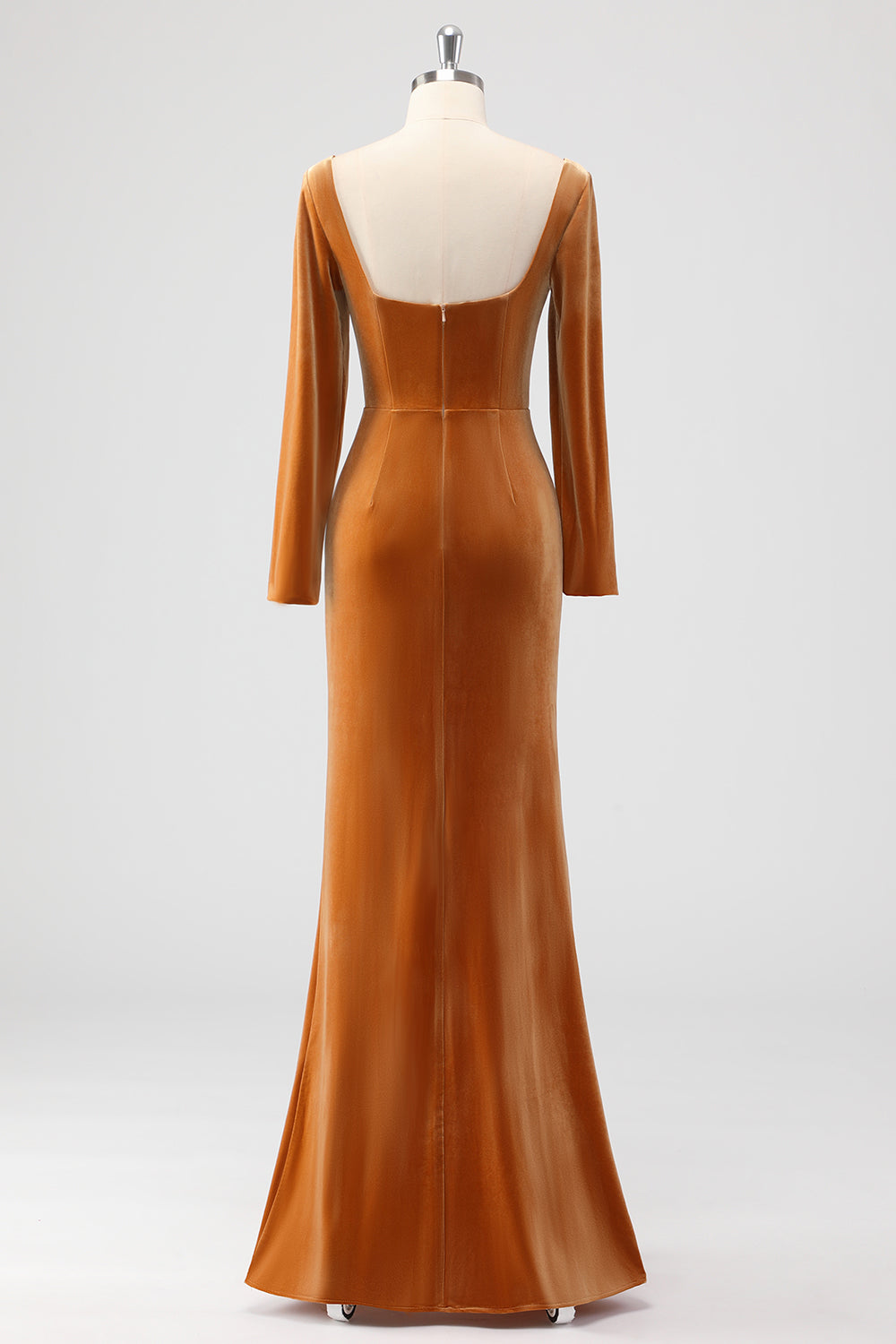 Cainha Castanho Pescoço Quadrado Veludo Mangas Longas Vestido de Dama de Honra Longo