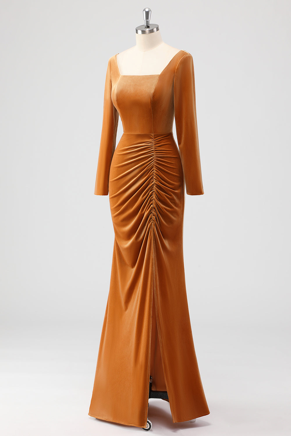 Cainha Castanho Pescoço Quadrado Veludo Mangas Longas Vestido de Dama de Honra Longo