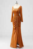 Cainha Castanho Pescoço Quadrado Veludo Mangas Longas Vestido de Dama de Honra Longo