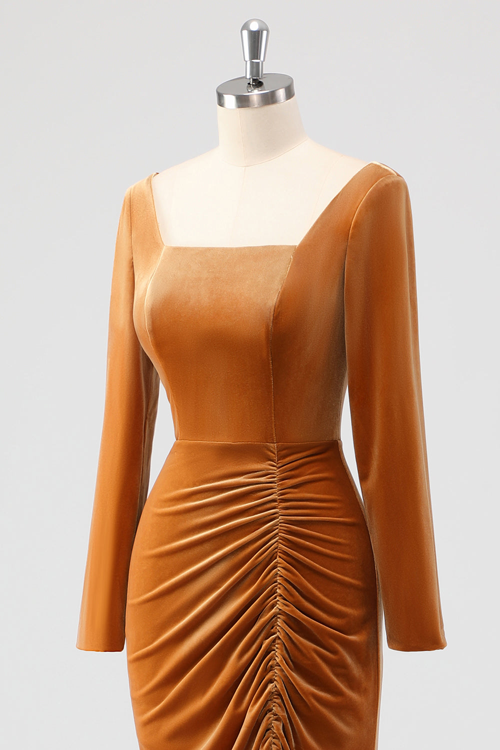 Cainha Castanho Pescoço Quadrado Veludo Mangas Longas Vestido de Dama de Honra Longo