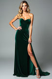 Veludo Verde Escuro Strapless Bainha Vestido Formal com Fenda