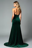 Veludo Verde Escuro Strapless Bainha Vestido Formal com Fenda