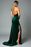 Veludo Verde Escuro Strapless Bainha Vestido Formal com Fenda